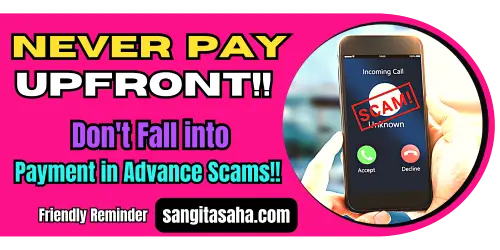 Banner Notice for Never Pay Upfront For Kolkata Escorts or Call girls Services. Don’t Fall to Payment in Advance Scams!! A friendly reminder by Sangitasaha.com