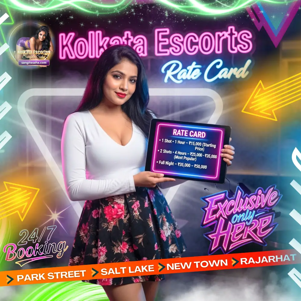 Kolkata Escorts Rate Card 2026 - Beautiful Escort Holding Digital Rate Card with Neon Lights